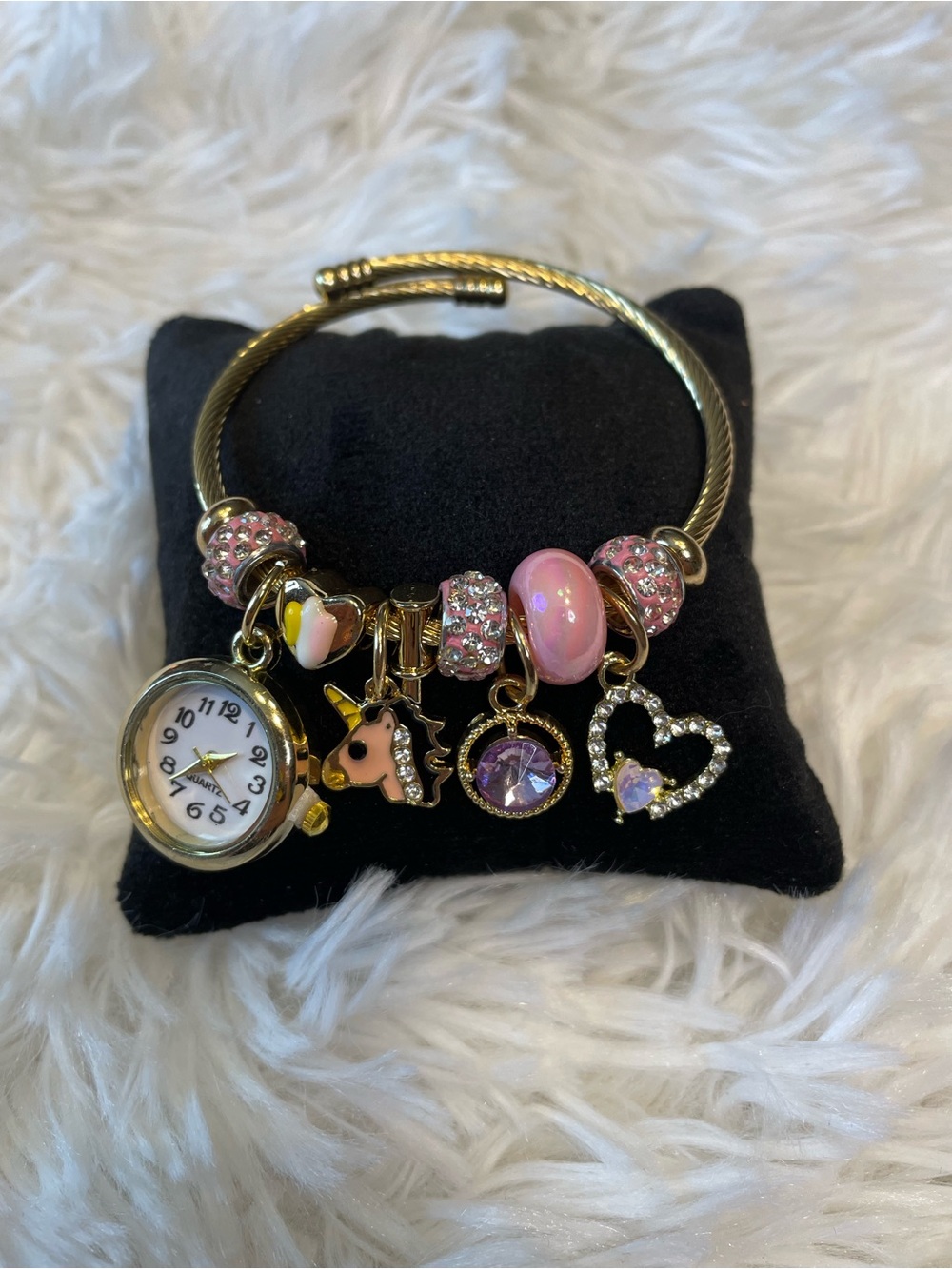 Pink Charm Bracelet with Watch, Heart, and Unicorn Charms